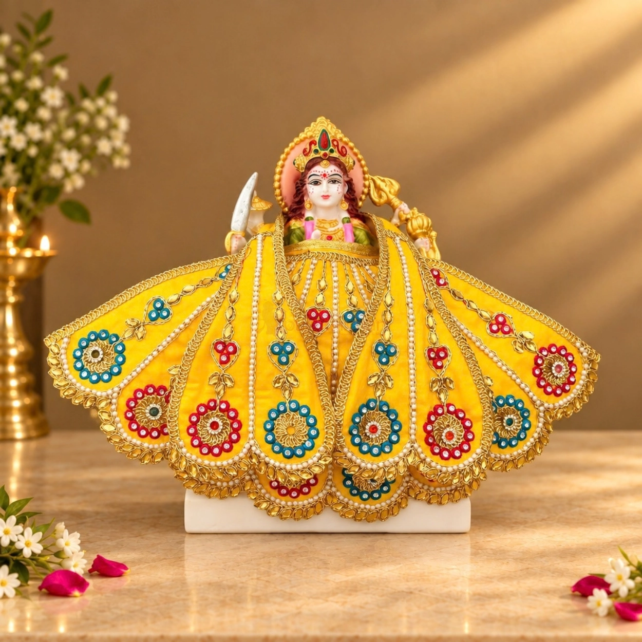 Yellow Satin Mata Rani Lehenga Patka Poshak with Floral Zardosi, Pearl Work & Matching Mukut