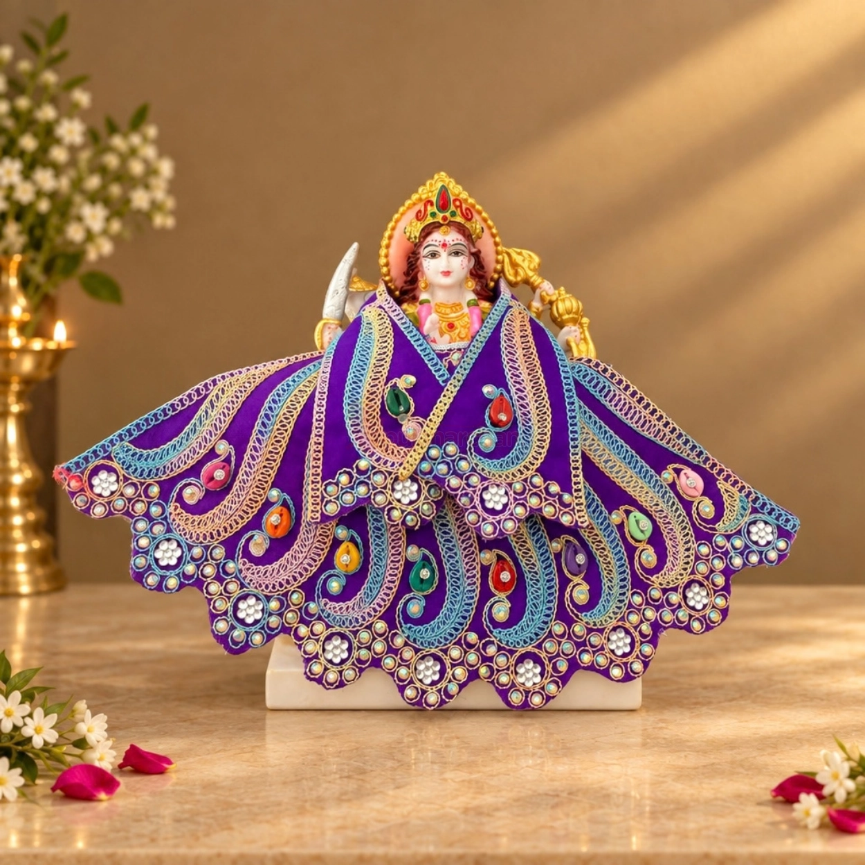 Designer Violet Mata Rani Poshak | Heavy Thread & Stone Work Lehnga & Patka for Navratri