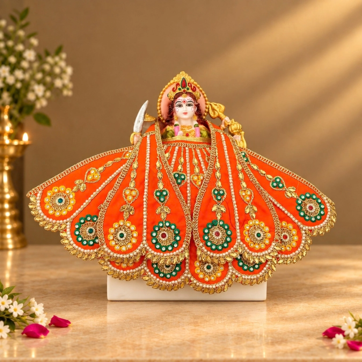 Orange Satin Mata Rani Lehenga Patka Poshak with Floral Zardosi, Pearl Work & Matching Mukut