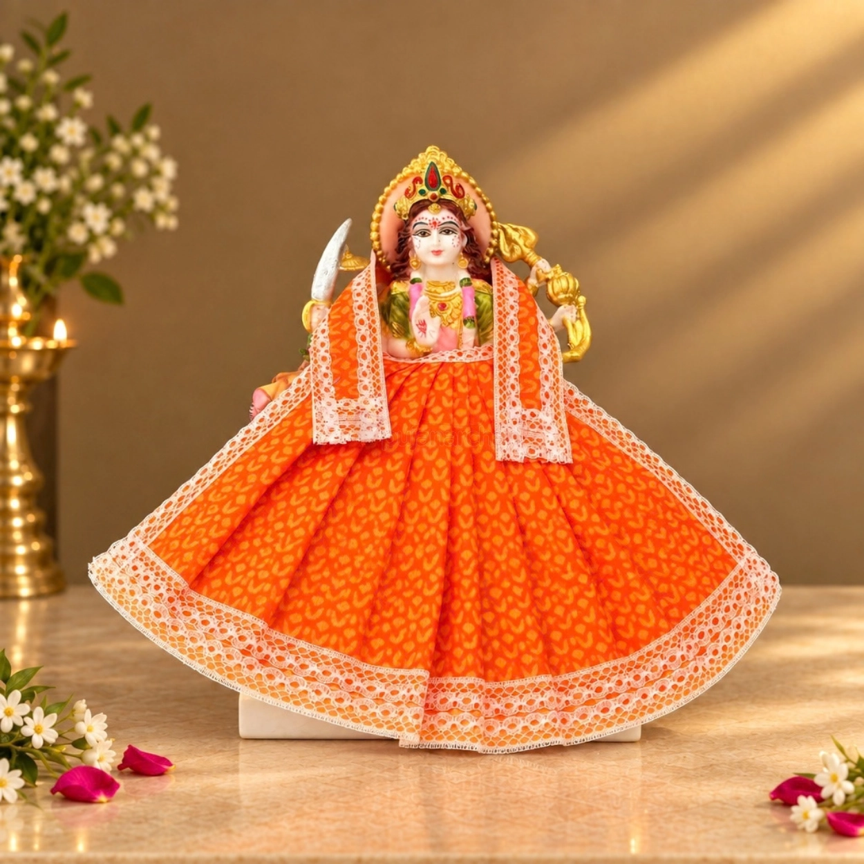 Designer Orange Maa Durga Poshak | Traditional Pattern Lehenga & Matching Patka for Navratri