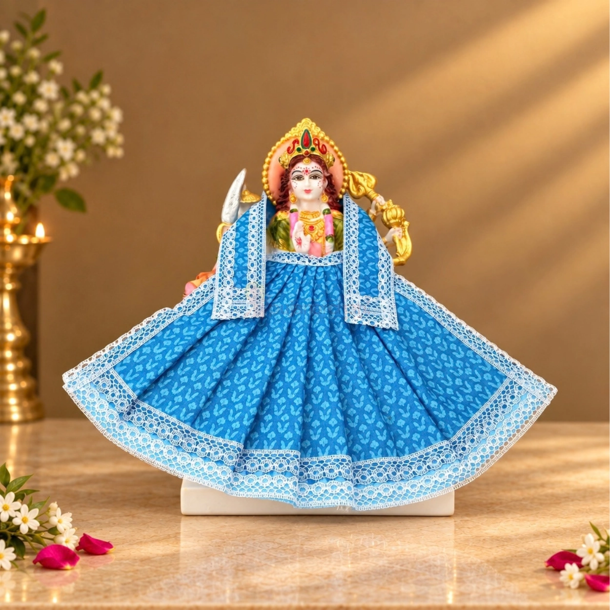 Designer Light Blue Maa Durga Poshak | Traditional Pattern Lehenga & Matching Patka for Navratri