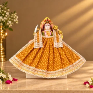 Designer Mustard Yellow Maa Durga Poshak | Traditional Pattern Lehenga & Matching Patka for Navratri