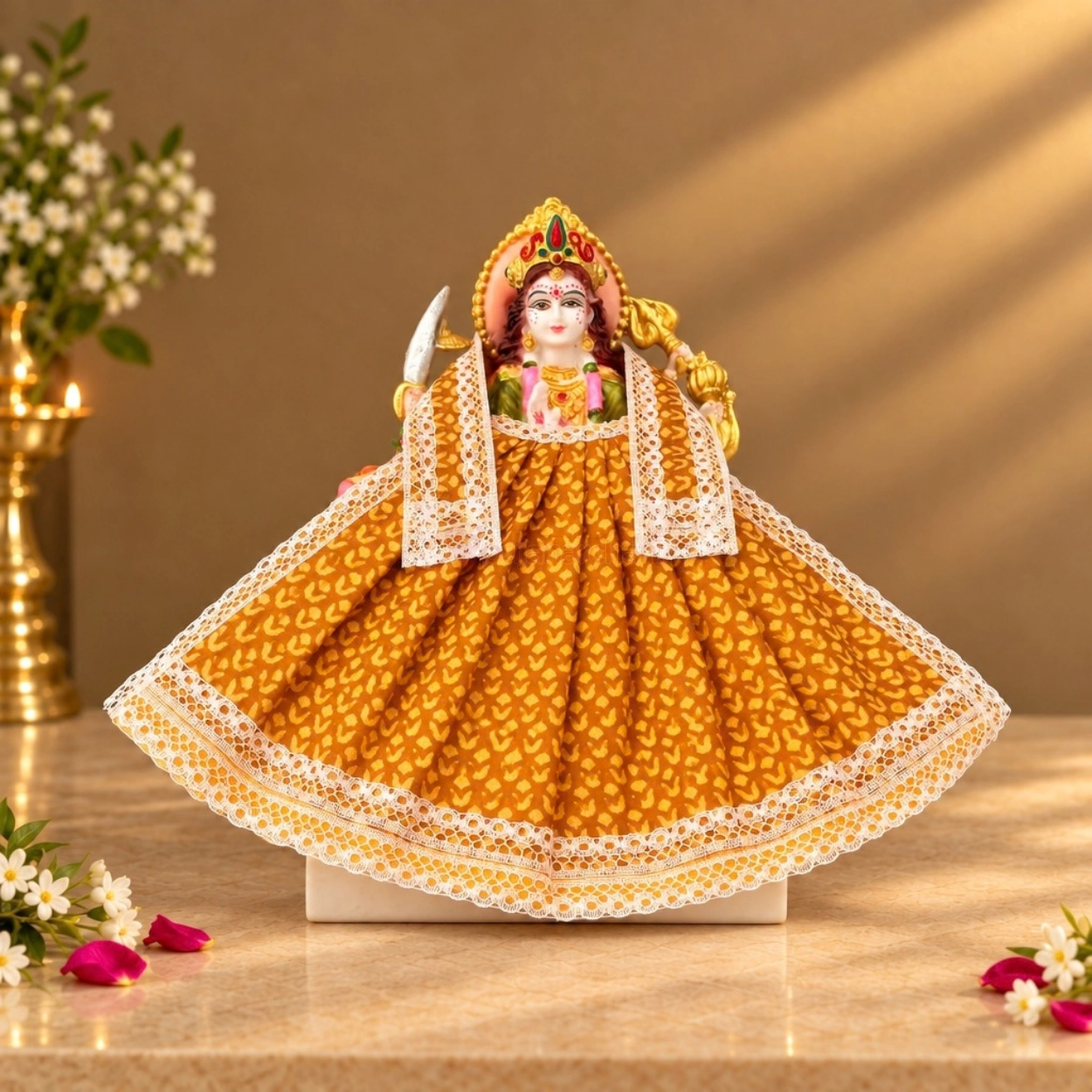 Designer Mustard Yellow Maa Durga Poshak | Traditional Pattern Lehenga & Matching Patka for Navratri
