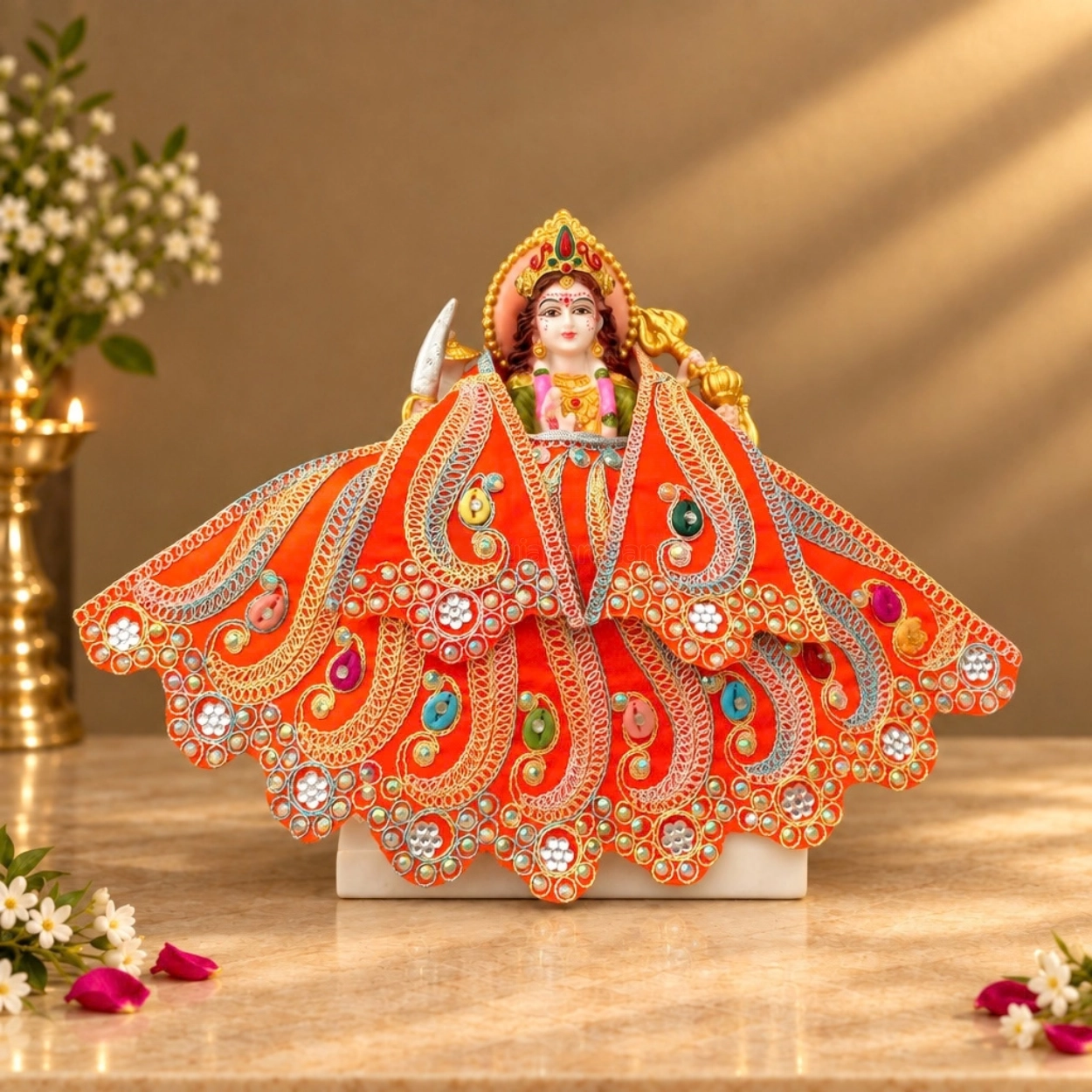 Designer Orange Mata Rani Poshak | Heavy Thread & Stone Work Lehnga & Patka for Navratri