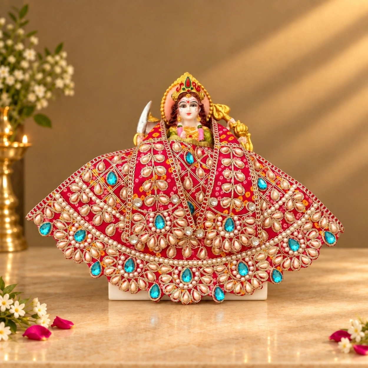 Magenta Bandhej Satin Mata Rani Lehenga Patka Poshak with Pearl, Stone & Hand Embroidery Work