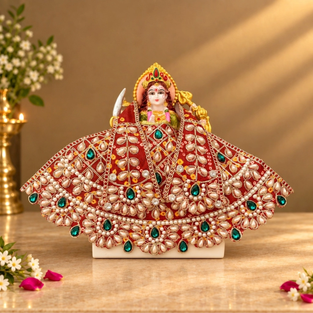 Red Bandhej Satin Mata Rani Lehenga Patka Poshak with Pearl, Stone & Hand Embroidery Work