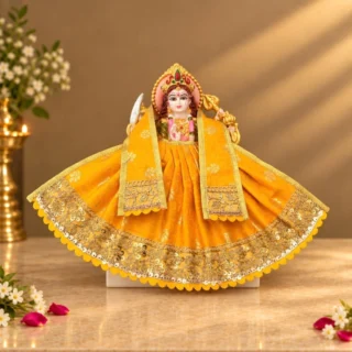 Designer Yellow Maa Durga Poshak | Floral Work Lehenga & Matching Patka for Navratri