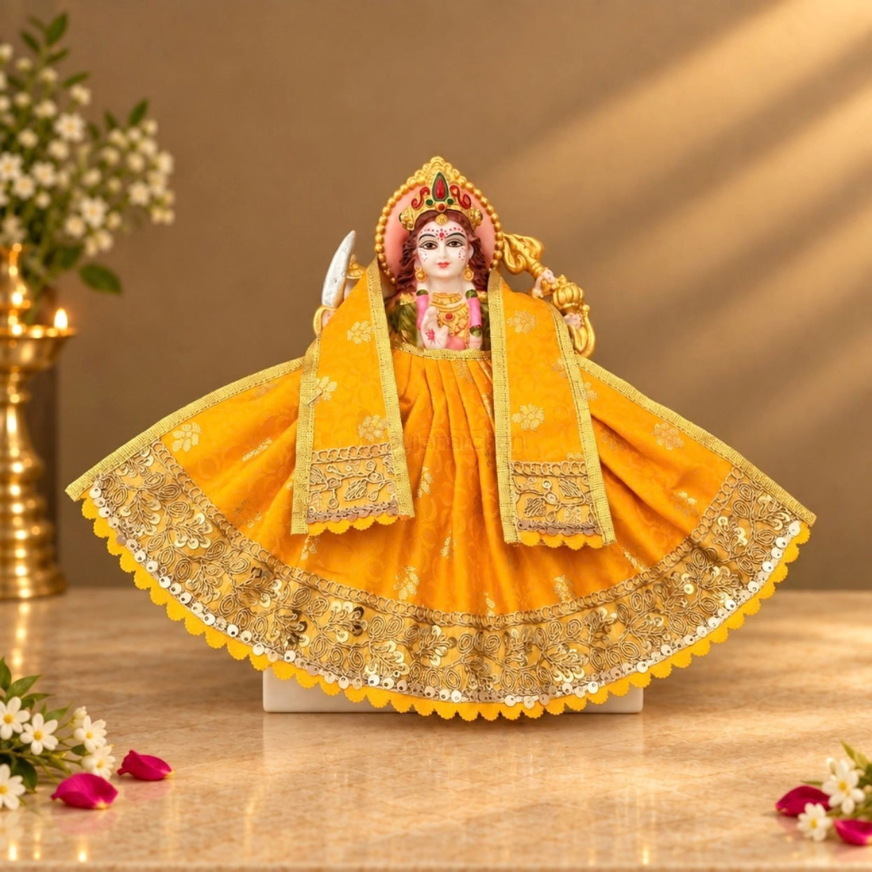 Designer Yellow Maa Durga Poshak | Floral Work Lehenga & Matching Patka for Navratri