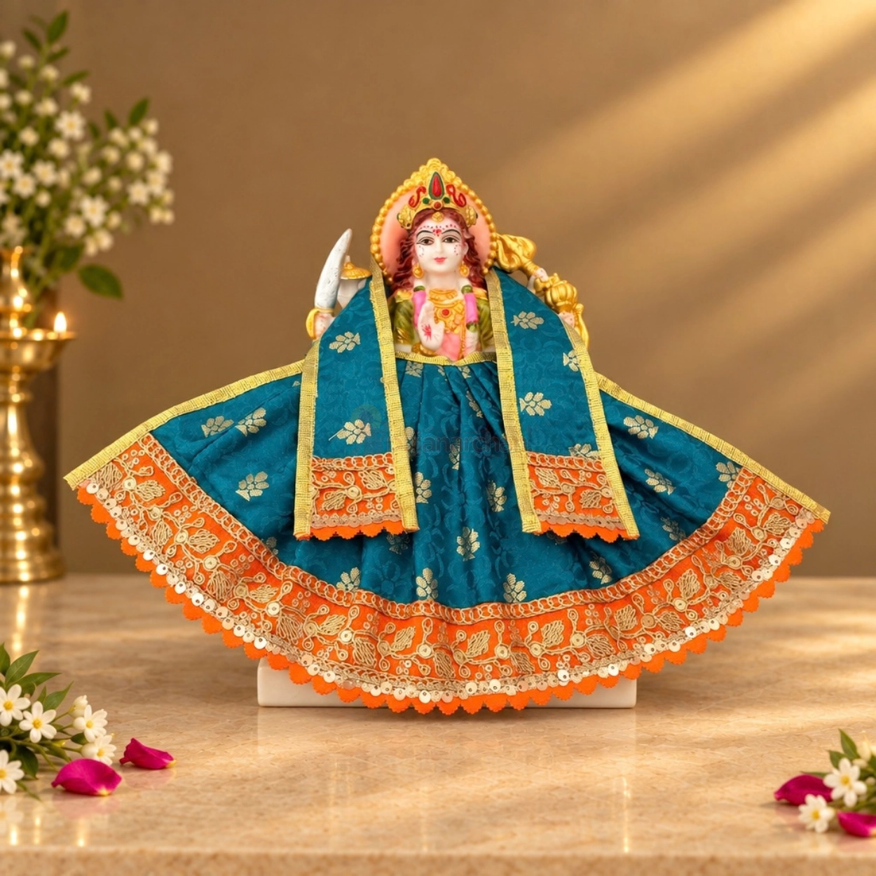 Designer Blue Maa Durga Poshak | Floral Work Lehenga & Matching Patka for Navratri