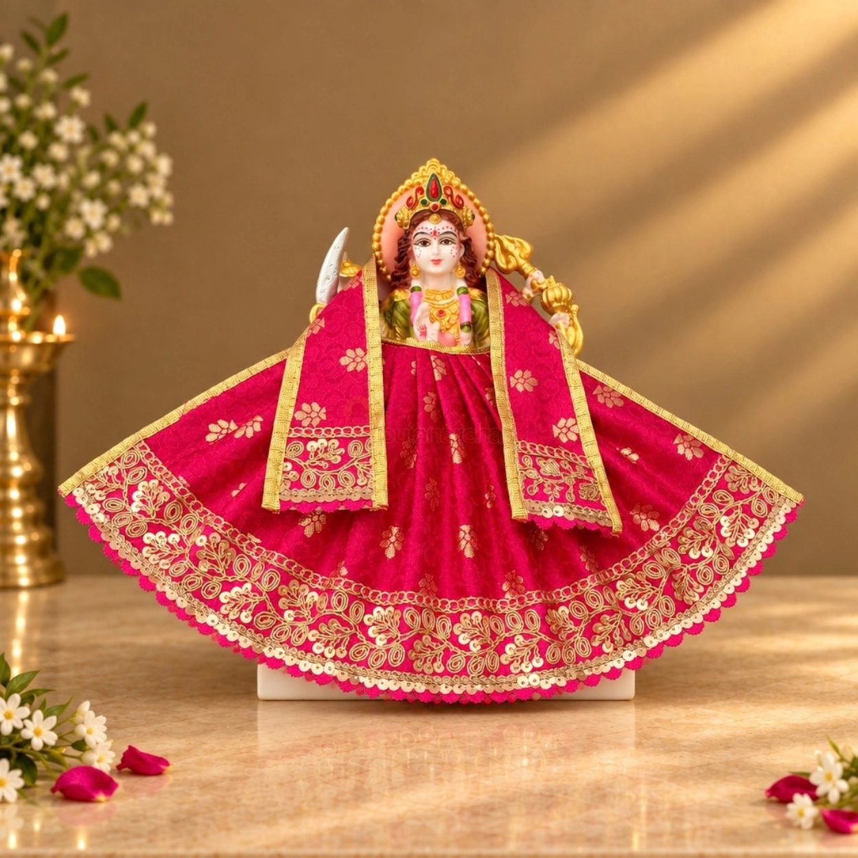 Designer Magenta Maa Durga Poshak | Floral Work Lehenga & Matching Patka for Navratri