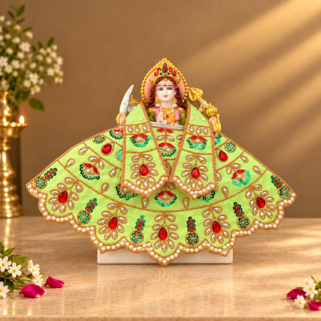 Pista Green Satin Mata Rani Lehenga Patka Poshak with Red Stone, Pearl & Hand Embroidery Work