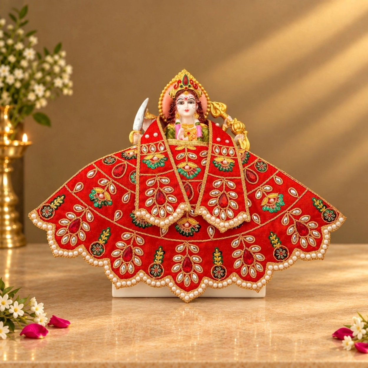 Red Satin Mata Rani Lehenga Patka Poshak with Red Stone, Pearl & Hand Embroidery Work