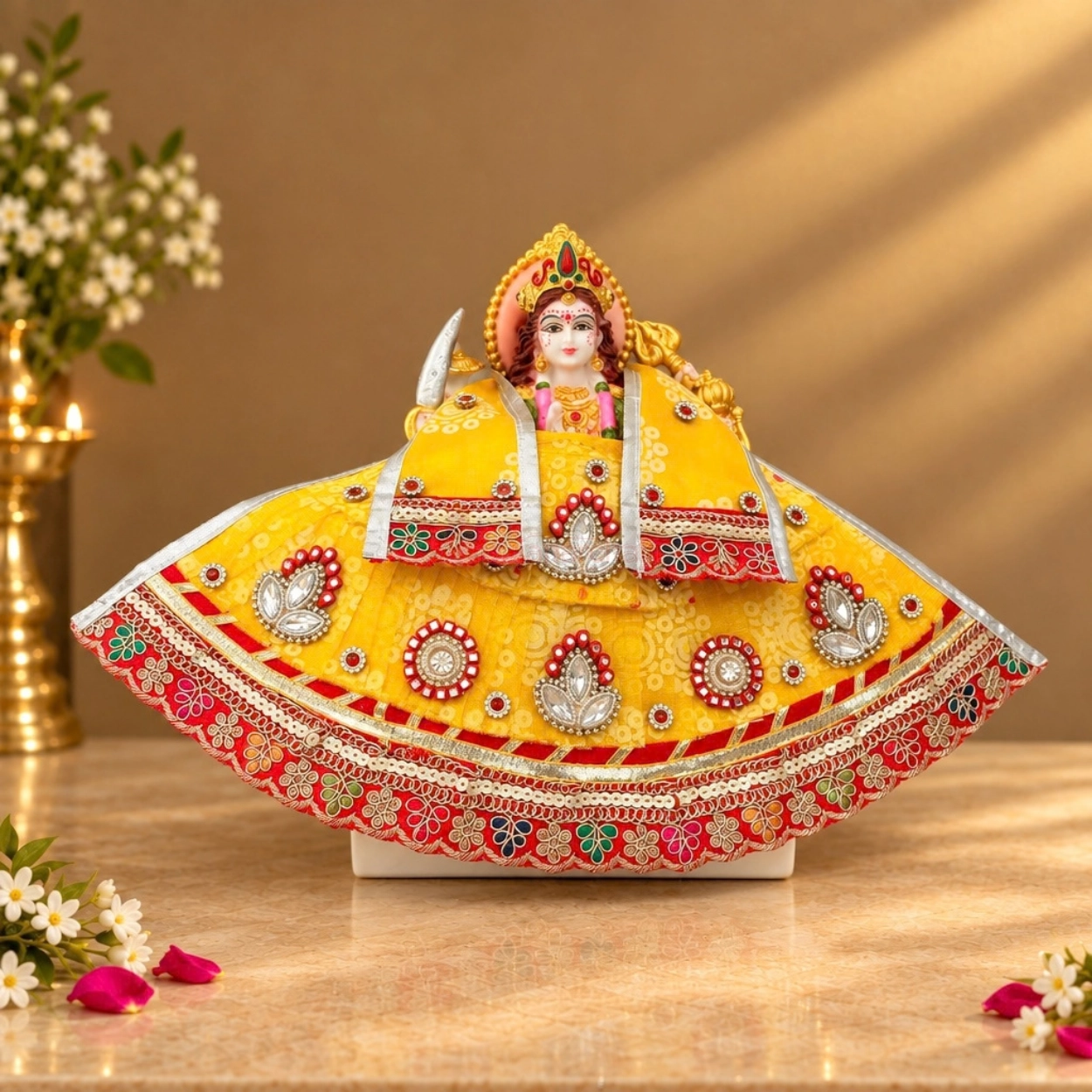 Premium Designer Yellow Bandhej Satin Mata Rani Lehenga Patka Poshak with Sequins, Mirror, Stone & Floral Embroidery Work
