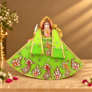 Designer Green Maa Durga Poshak | Peacock & Stone Work Lehenga with Matching Patka for Navratri