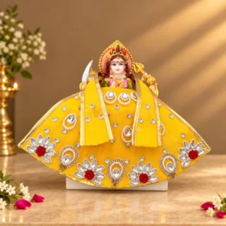 Designer Yellow Maa Durga Poshak | Pearl & Stone Work Lehenga with Matching Patka for Navratri