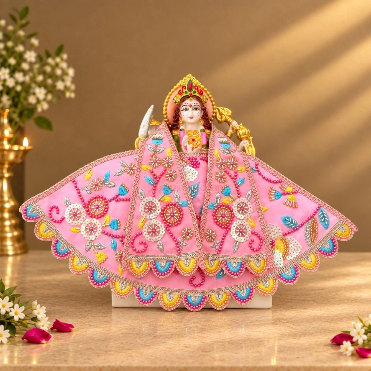Premium Designer Baby Pink Satin Mata Rani Lehenga Patka Poshak with Heavy Floral Zardosi, Dabka, Sequins & Hand Embroidery Work