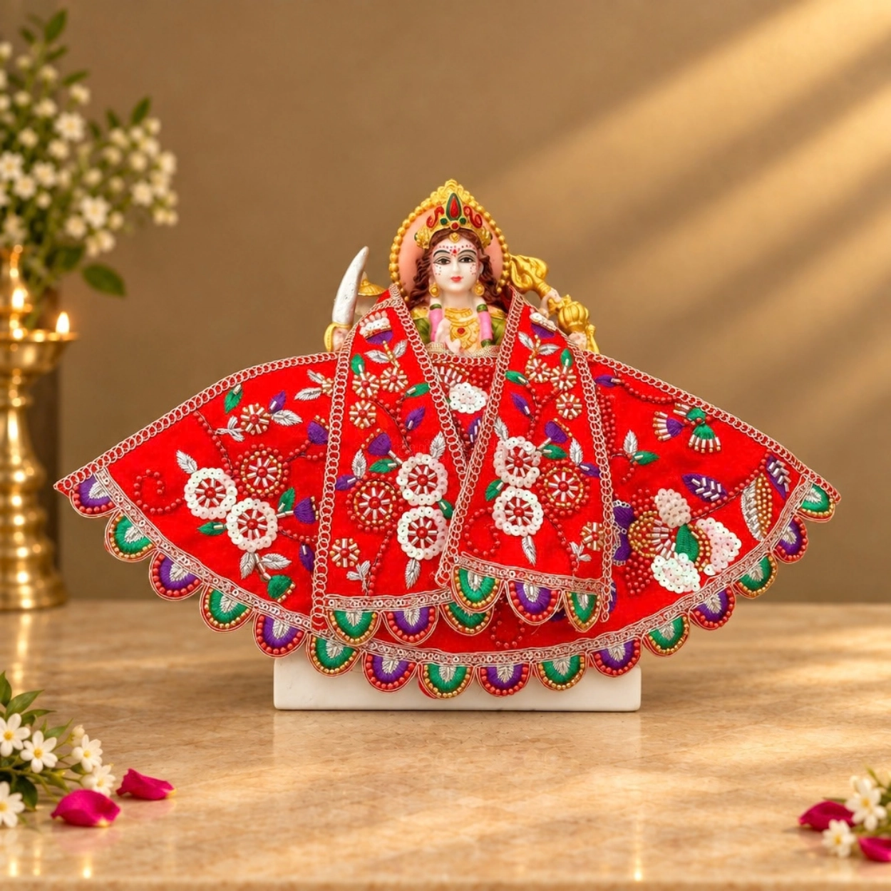 Premium Designer Red Satin Mata Rani Lehenga Patka Poshak with Heavy Floral Zardosi, Dabka, Sequins & Hand Embroidery Work