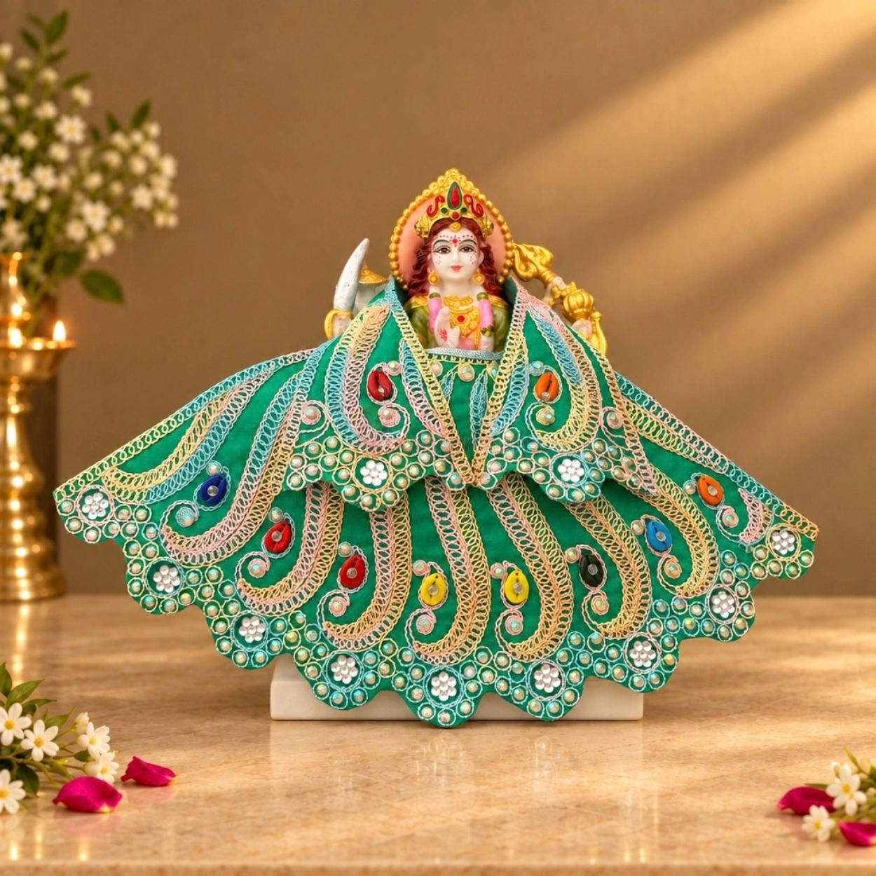 Designer Emerald Green Mata Rani Poshak | Heavy Thread & Stone Work Lehnga & Patka for Navratri