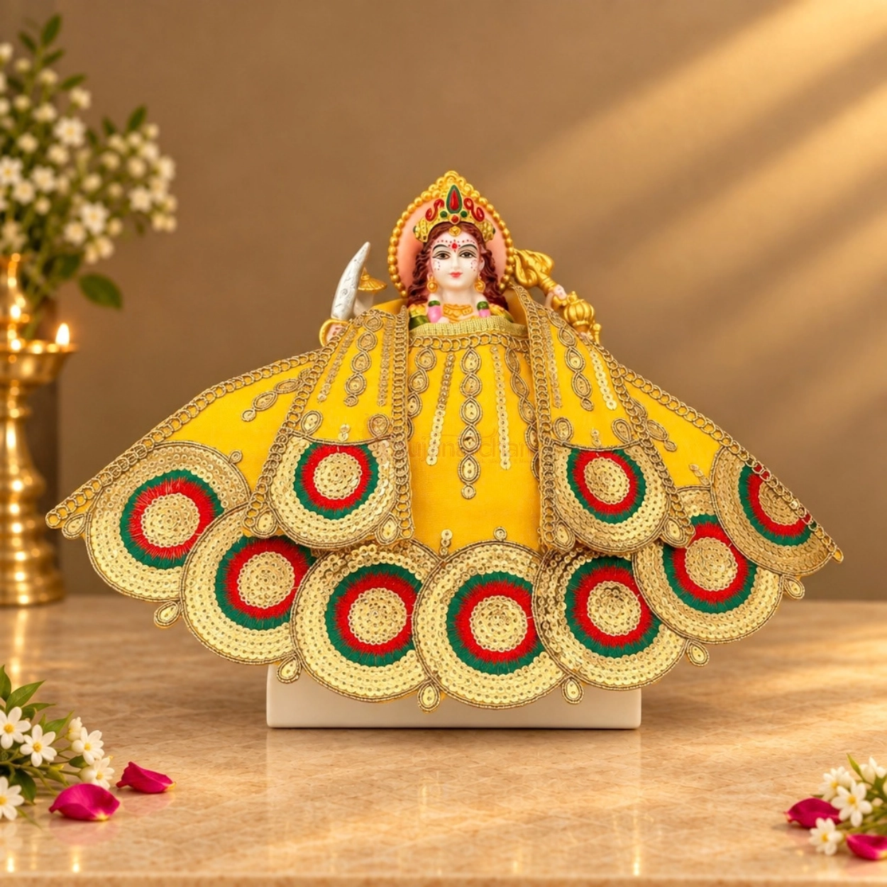 Designer Yellow Satin Mata Rani Lehenga Patka Poshak with Zari Dori, Circular Embroidery & Hand Embroidery Work