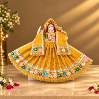 Designer Yellow & Multicolour Maa Durga Poshak | Floral Lace Lehenga & Patka for Navratri