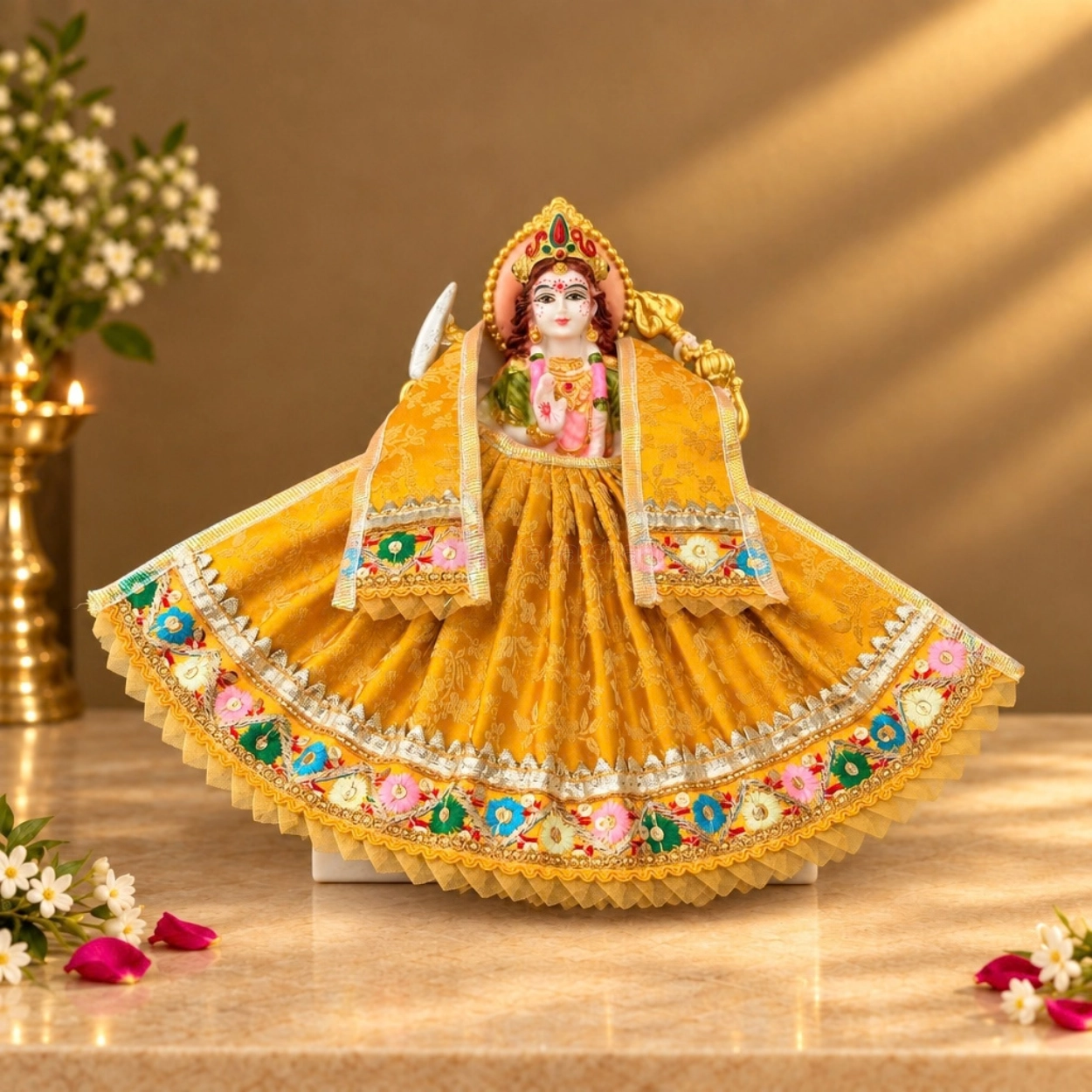 Designer Yellow & Multicolour Maa Durga Poshak | Floral Lace Lehenga & Patka for Navratri