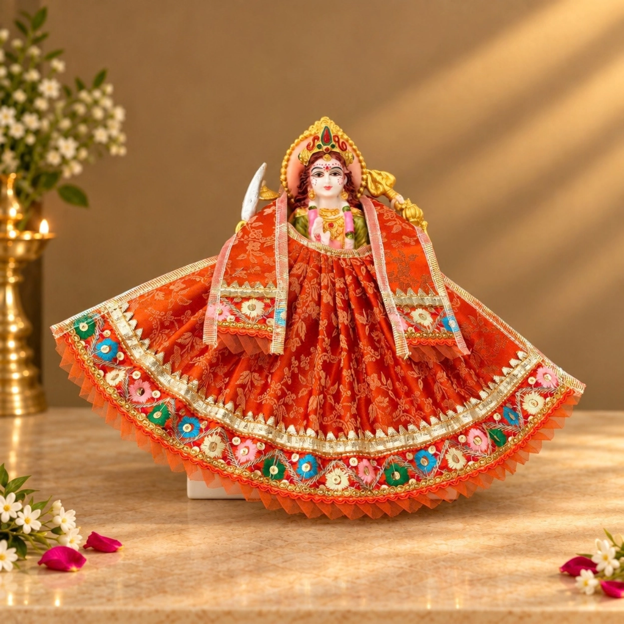 Designer Orange & Multicolour Maa Durga Poshak | Floral Lace Lehenga & Patka for Navratri