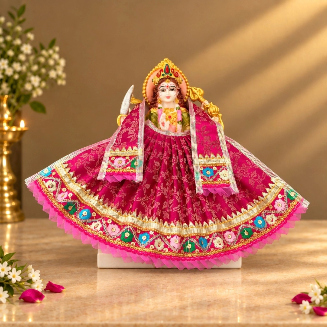 Designer Magenta & Multicolour Maa Durga Poshak | Floral Lace Lehenga & Patka for Navratri