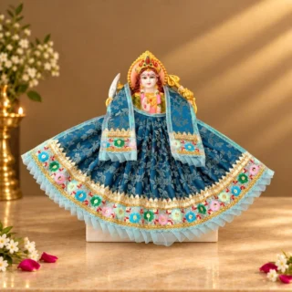 Designer Teal Blue & Multicolour Maa Durga Poshak | Floral Lace Lehenga & Patka for Navratri