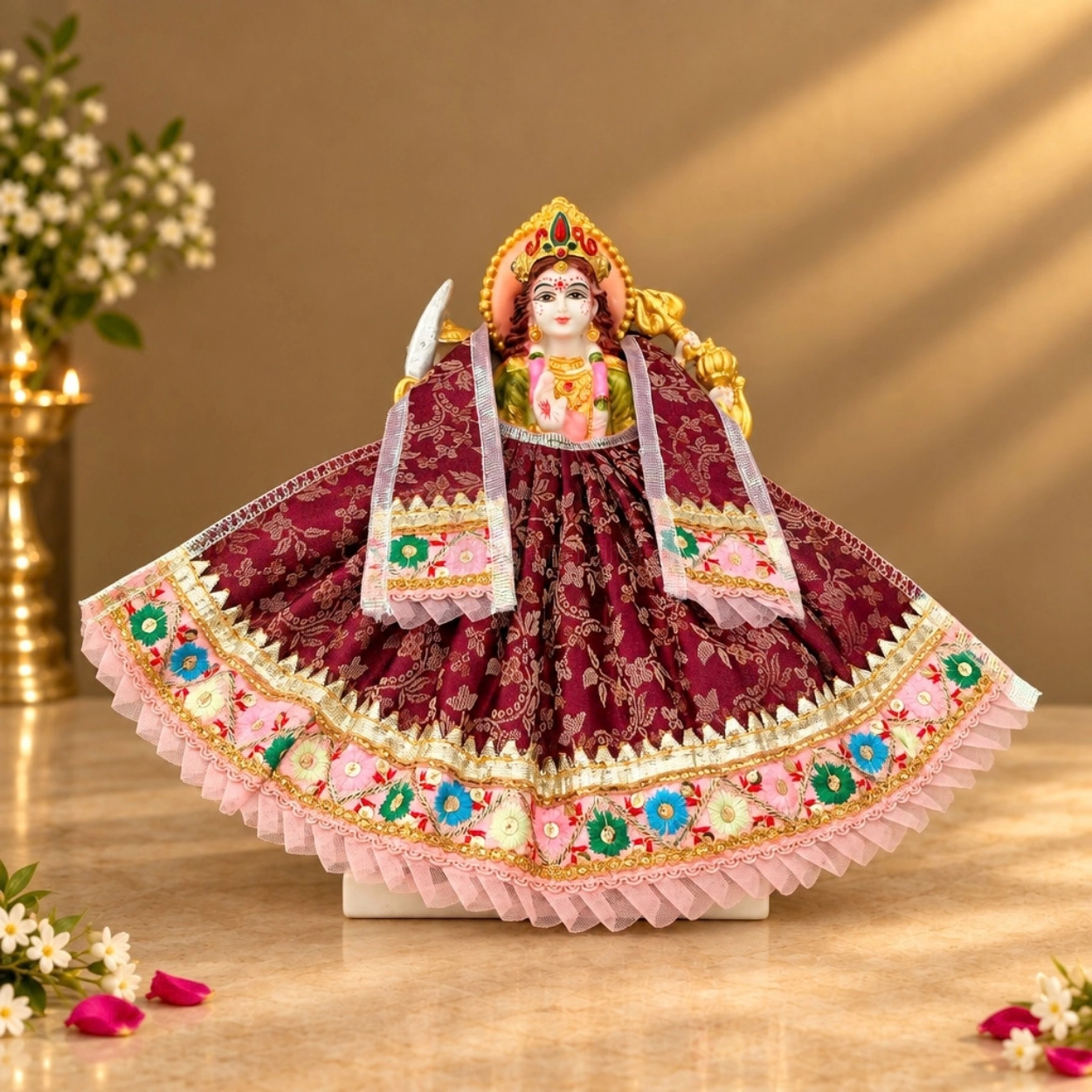 Designer Wine & Multicolour Maa Durga Poshak | Floral Lace Lehenga & Patka for Navratri