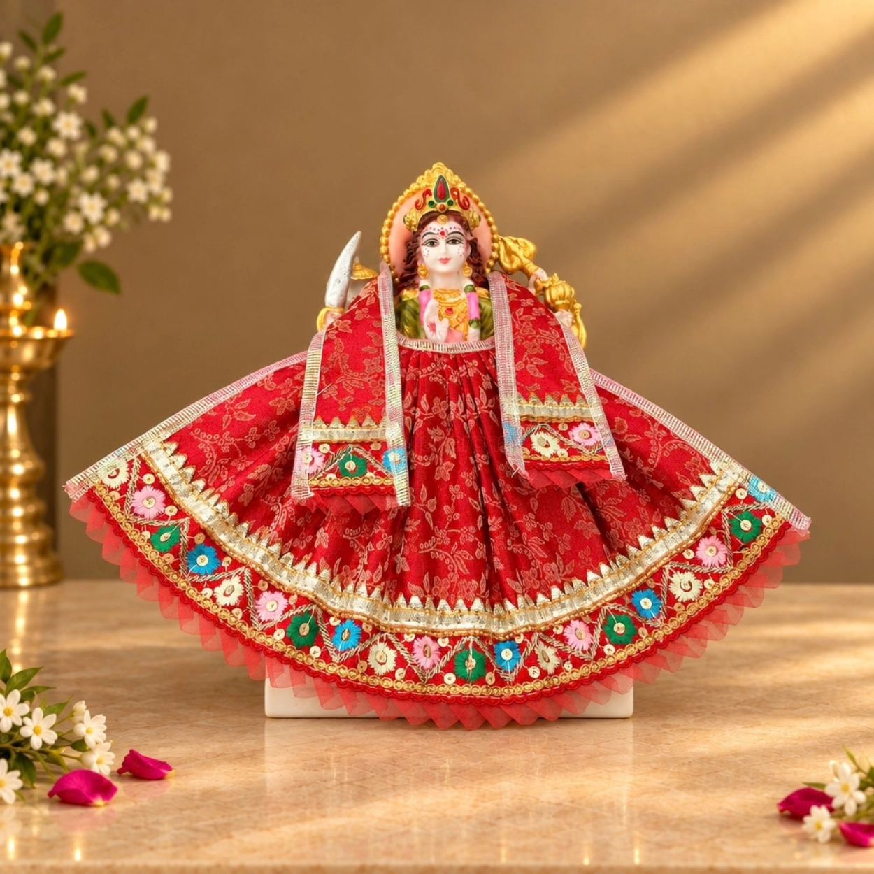 Designer Red & Multicolour Maa Durga Poshak | Floral Lace Lehenga & Patka for Navratri