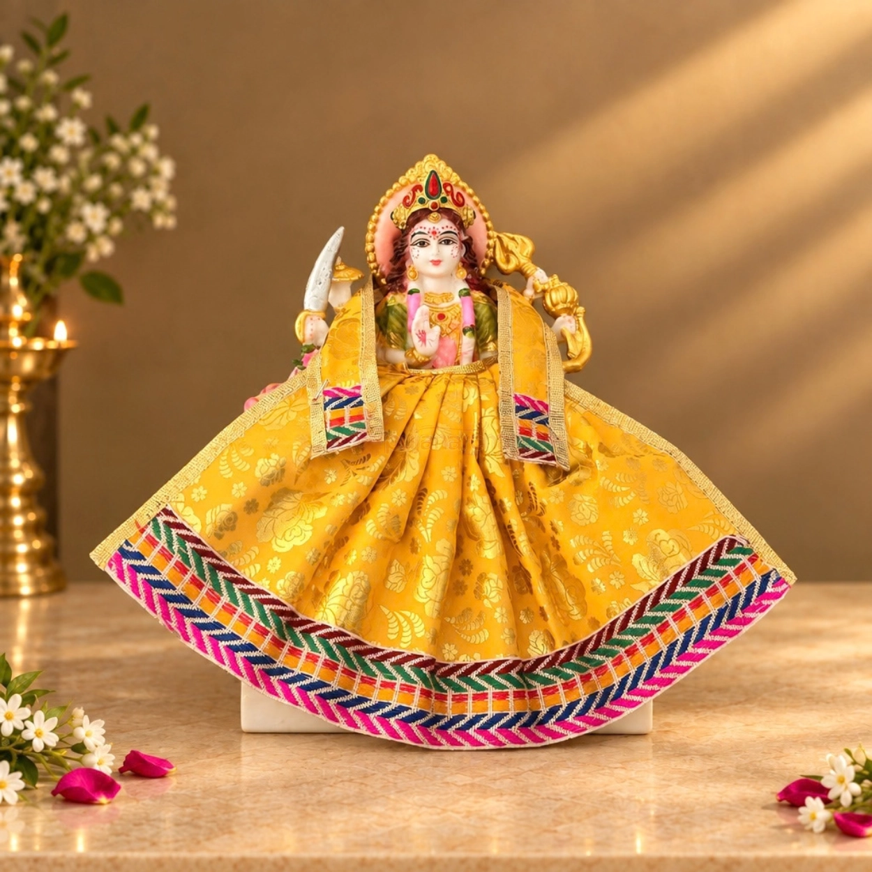 Designer Yellow Maa Durga Poshak | Floral Print Lehenga & Matching Patka for Navratri