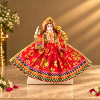 Designer Red Maa Durga Poshak | Floral Print Lehenga & Matching Patka for Navratri
