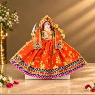 Designer Orange Maa Durga Poshak | Floral Print Lehenga & Matching Patka for Navratri
