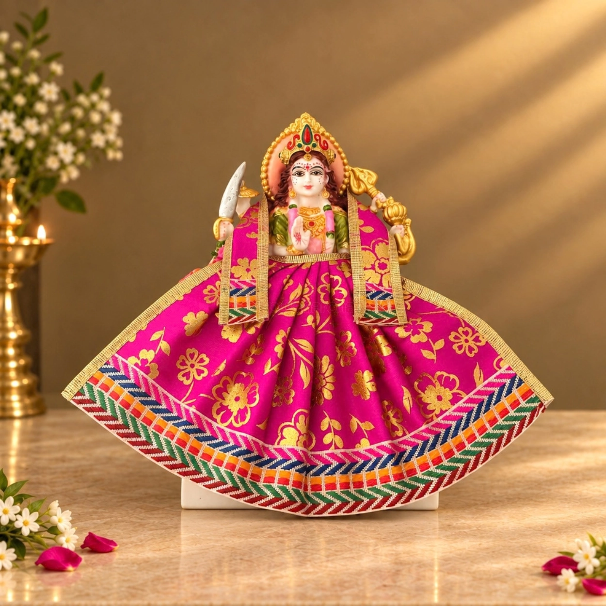 Designer Magenta Maa Durga Poshak | Floral Print Lehenga & Matching Patka for Navratri