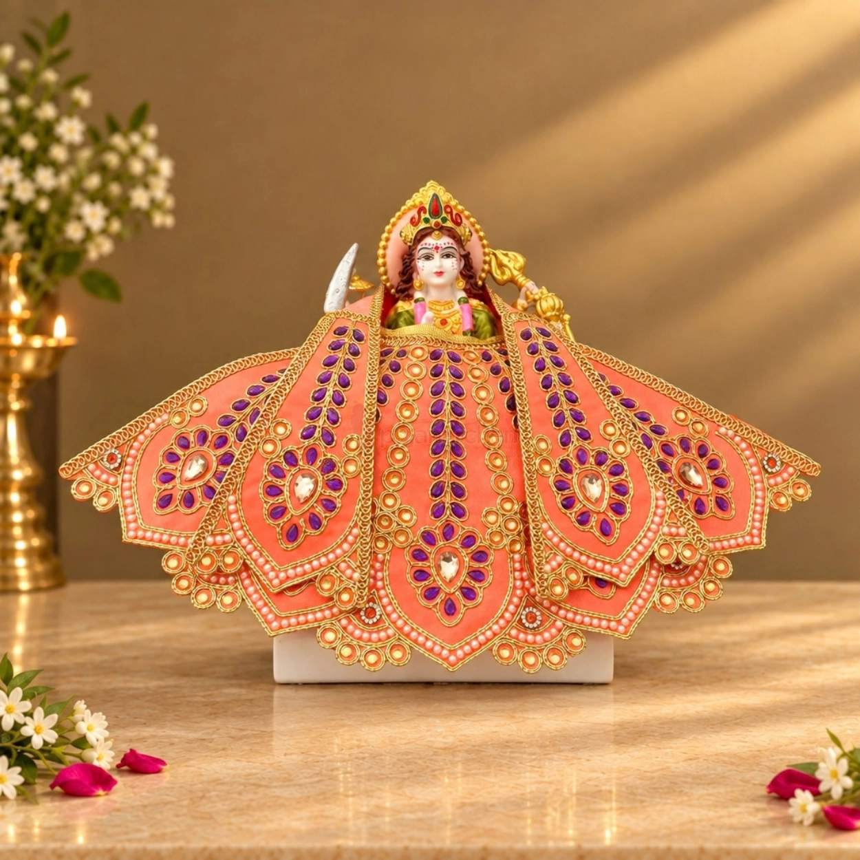 Designer Orange Mata Rani Lehenga Patka Poshak | Maa Durga Dress with Sequins, Moti, & Stone Work